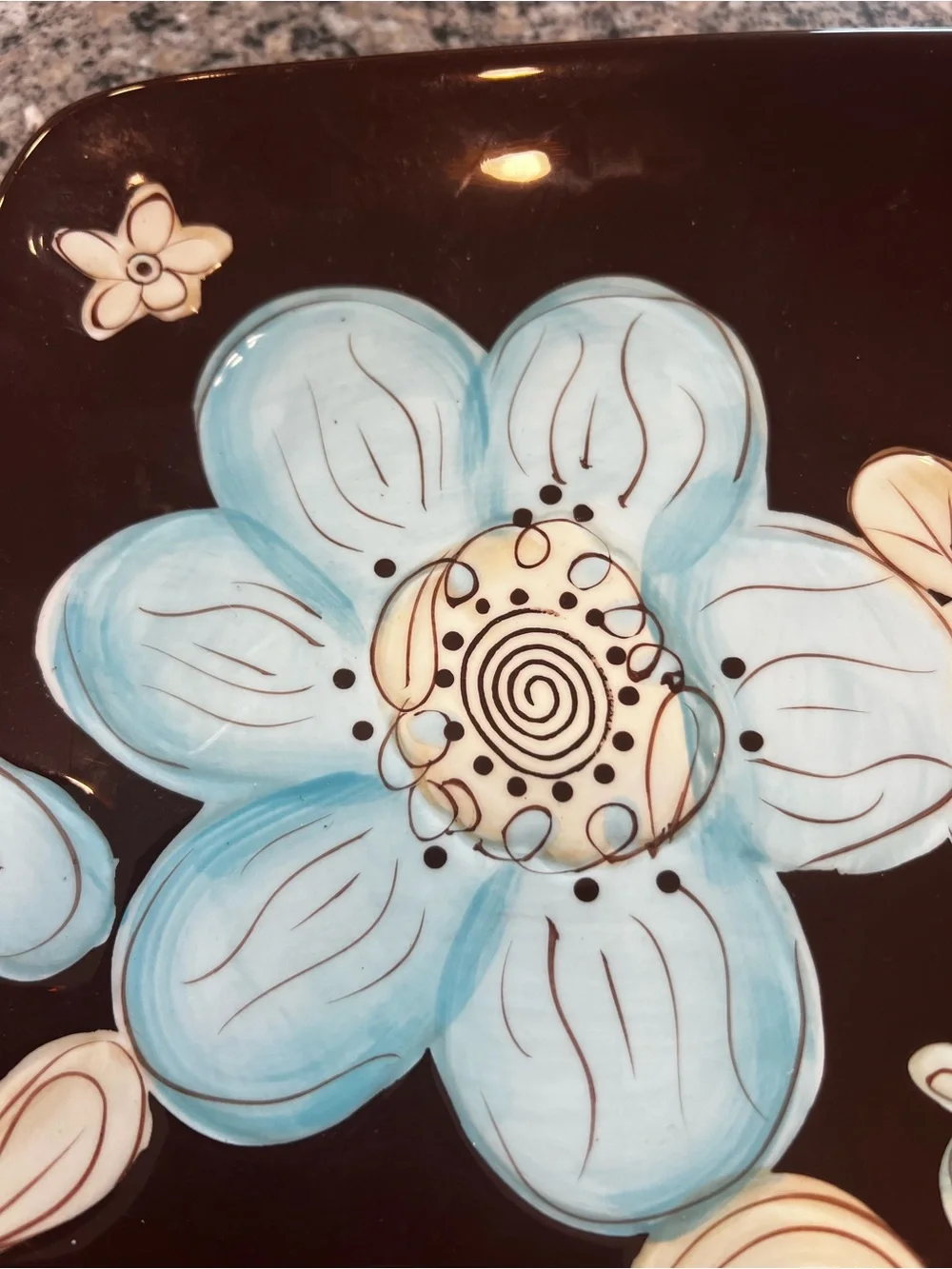 Pier 1 Cassidy Brown Platter with Blue and Cream Floral Design